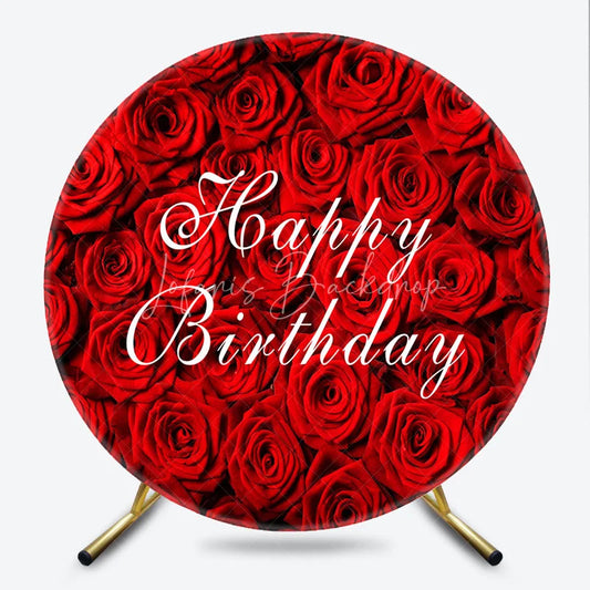 Lofaris Elegant Red Roses Happy Birthday Round Backdrop Beautiful Floral Design for Celebration Party Decor