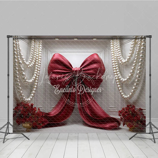 Lofaris Elegant Red Satin Bow and White Pearl Garlands Photography Backdrop Romantic Floral Arrangement for Celebrations