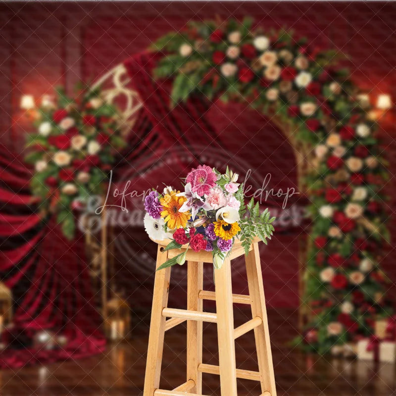 Lofaris Elegant Red Velvet and Gold Arch Holiday Backdrop Festive Christmas Floral Decor with Gifts Lanterns
