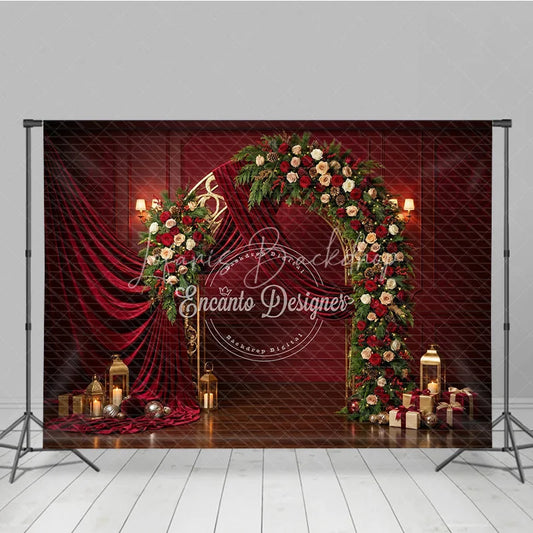 Lofaris Elegant Red Velvet and Gold Arch Holiday Backdrop Festive Christmas Floral Decor with Gifts Lanterns