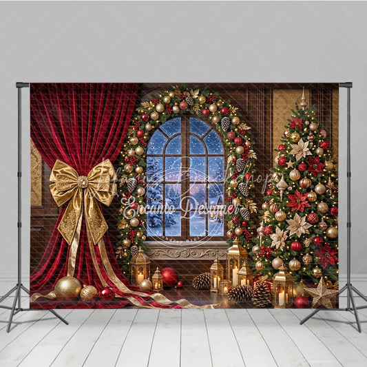 Lofaris Elegant Red Velvet Curtain Gold Bow Holiday Backdrop with Arched Window Snowy Winter Christmas Tree Decor