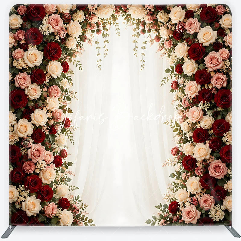 Lofaris Elegant Rose Floral Arch Square Double-Sided Backdrop with Red Pink and White Flowers Wedding Anniversary Decor