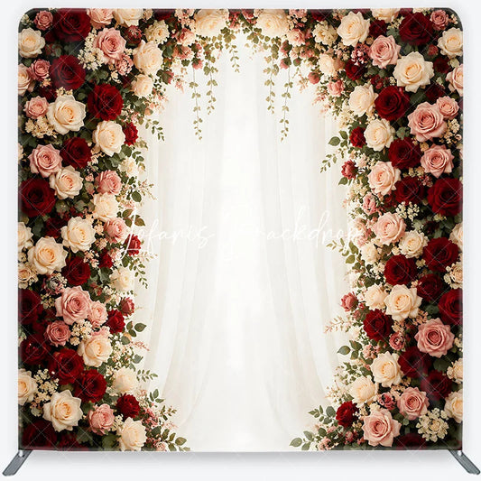 Lofaris Elegant Rose Floral Arch Square Double-Sided Backdrop with Red Pink and White Flowers Wedding Anniversary Decor