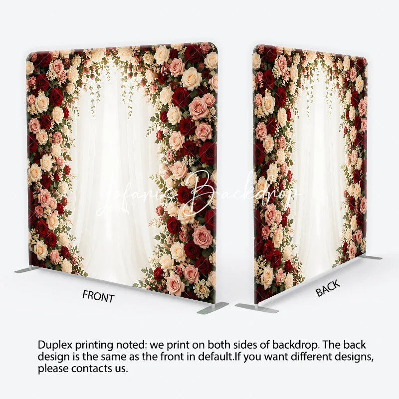 Lofaris Elegant Rose Floral Arch Square Double-Sided Backdrop with Red Pink and White Flowers Wedding Anniversary Decor