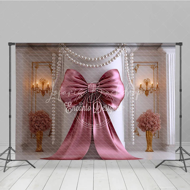 Lofaris Elegant Rose Gold Bow and Pearl Garland Photography Backdrop Classic Luxury Party Decor
