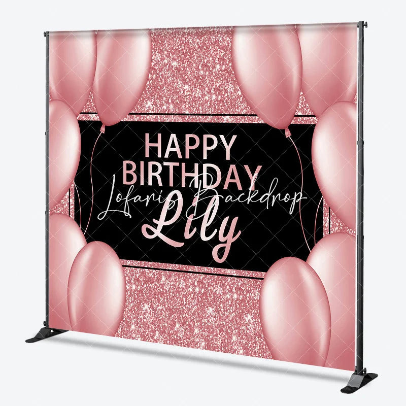 Lofaris Elegant Rose Gold Glitter Black Happy Birthday Custom Backdrop Personalized Name Party Decor with Balloons