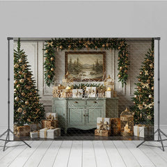 Lofaris Elegant Sage Green Christmas Photography Backdrop Vintage Console with Trees Gold Cages Holiday Background