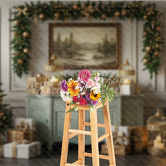 Lofaris Elegant Sage Green Christmas Photography Backdrop Vintage Console with Trees Gold Cages Holiday Background