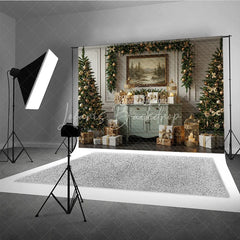 Lofaris Elegant Sage Green Christmas Photography Backdrop Vintage Console with Trees Gold Cages Holiday Background