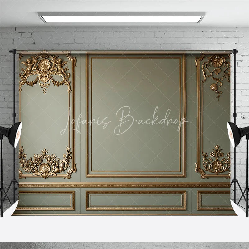 Lofaris Elegant Sage Green Wall with Golden Ornate Moldings and Cherubs Photography Backdrop Classical Fine Art Decor