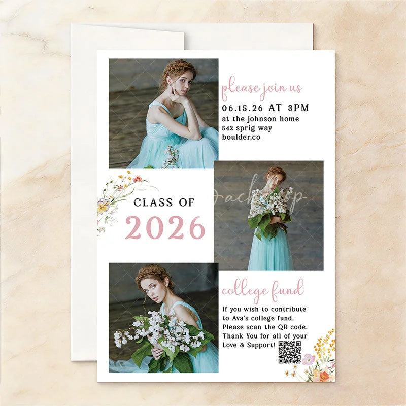 Lofaris Elegant Set of 20 Custom Class 2026 Graduation Party Invitation Watercolor Floral Arch and Portrait Design