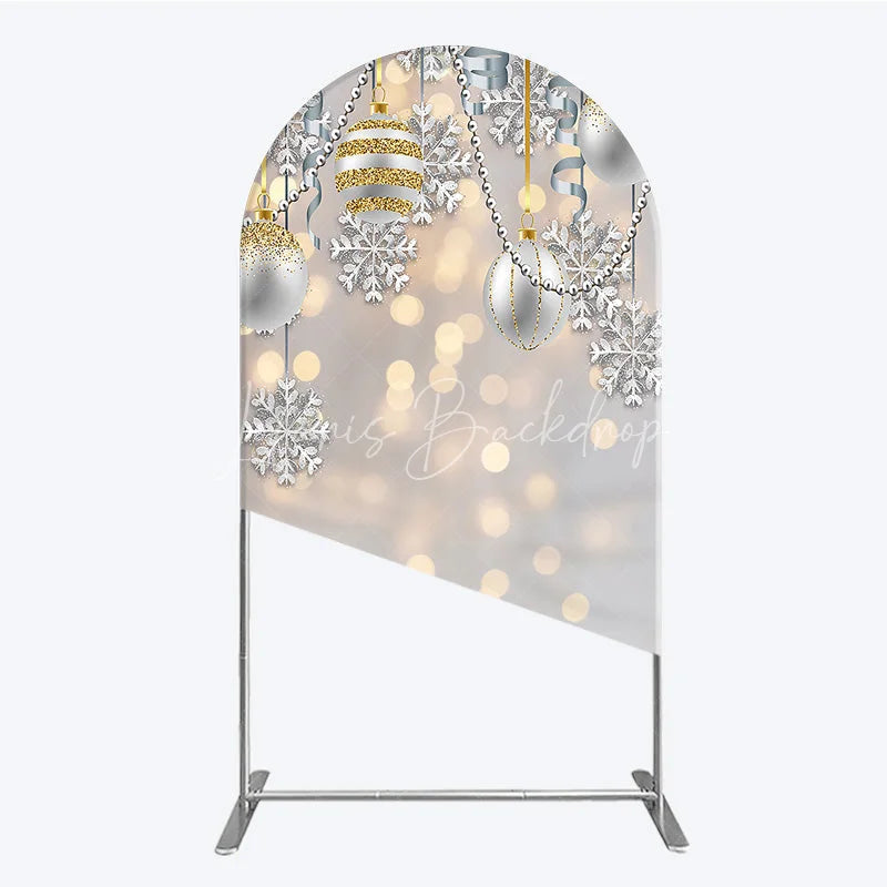 Lofaris Elegant Silver and Gold Glitter Christmas Ornaments Round Top Arch Backdrop Winter Snowflake Holiday Party Decoration