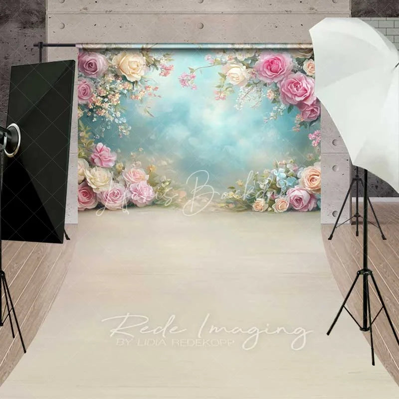 Lofaris Elegant Spring Floral Roses Backdrop Pastel Flowers Blue Sky Wooden Floor for Baby Shower Wedding Photography