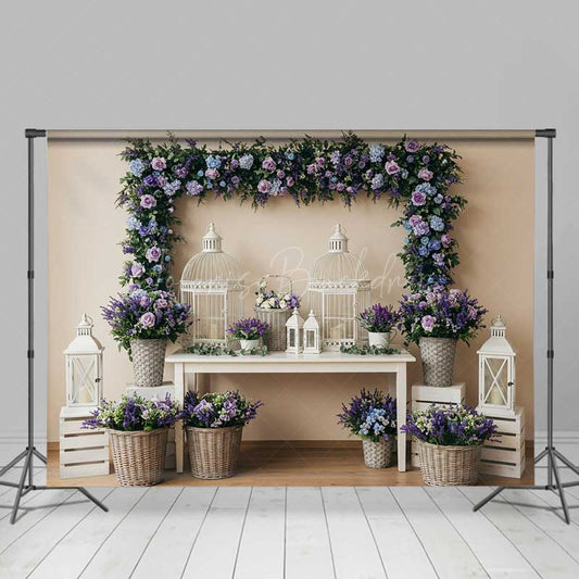 Lofaris Elegant Spring Wedding Table Backdrop Purple and Blue Floral Frame with Birdcages Garden Party Photo Prop Decor
