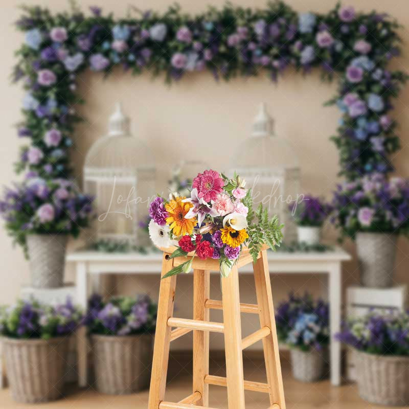 Lofaris Elegant Spring Wedding Table Backdrop Purple and Blue Floral Frame with Birdcages Garden Party Photo Prop Decor