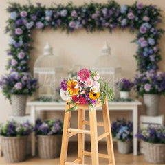 Lofaris Elegant Spring Wedding Table Backdrop Purple and Blue Floral Frame with Birdcages Garden Party Photo Prop Decor
