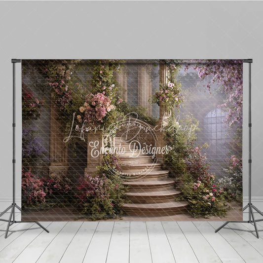 Lofaris Elegant Stone Staircase Photography Backdrop with Pink and Purple Flowers Lush Greenery Columns for Fairytale Garden.