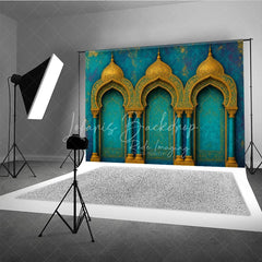 Lofaris Elegant Teal and Gold Moroccan Arches Photography Backdrop Exotic Arabian Palace Theme Textured Photo Studio Decor