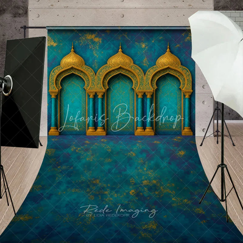Lofaris Elegant Teal Blue and Gold Ornate Archways Sweep Backdrop Exotic Moroccan Palace Photography Background