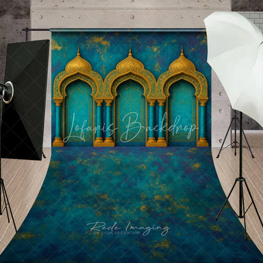 Lofaris Elegant Teal Blue and Gold Ornate Archways Sweep Backdrop Exotic Moroccan Palace Photography Background