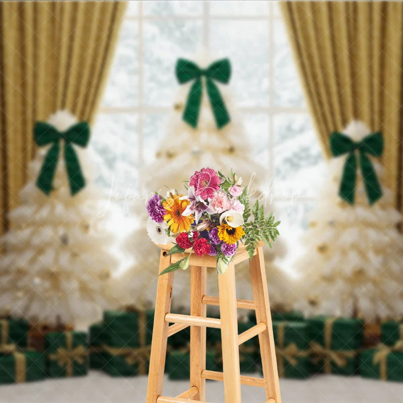 Lofaris Elegant Tulle Christmas Tree Photography Backdrop Green Bows and Gold Curtains Whimsical Holiday Photo Background