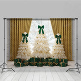 Lofaris Elegant Tulle Christmas Tree Photography Backdrop Green Bows and Gold Curtains Whimsical Holiday Photo Background