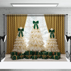 Lofaris Elegant Tulle Christmas Tree Photography Backdrop Green Bows and Gold Curtains Whimsical Holiday Photo Background