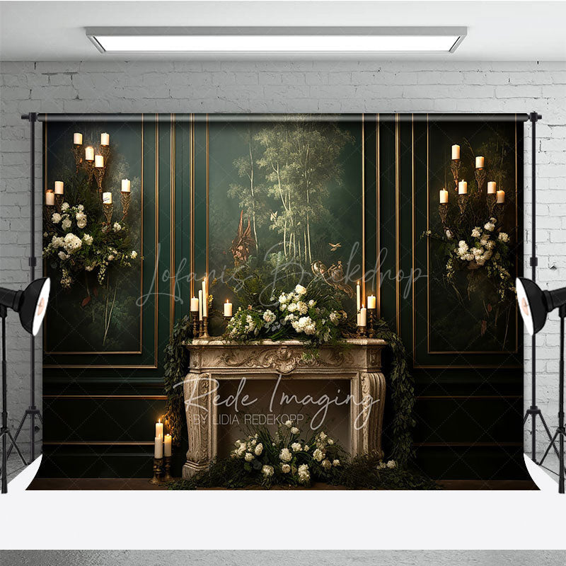 Lofaris Elegant Vintage Fireplace Photography Backdrop Dark Green Mural Wall with Candles Moody Romantic Photo Background