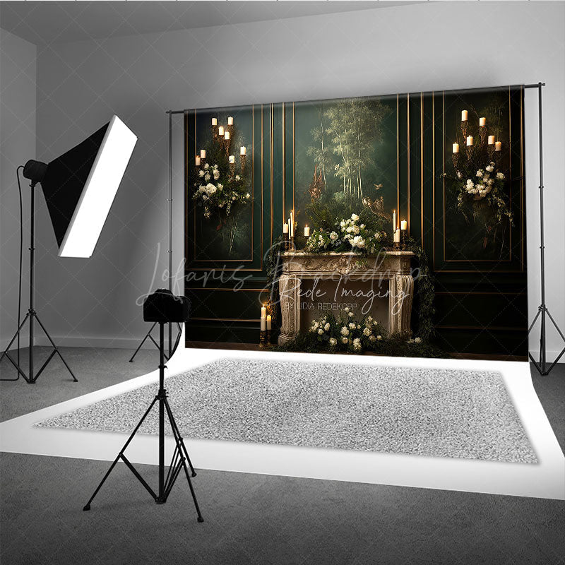 Lofaris Elegant Vintage Fireplace Photography Backdrop Dark Green Mural Wall with Candles Moody Romantic Photo Background