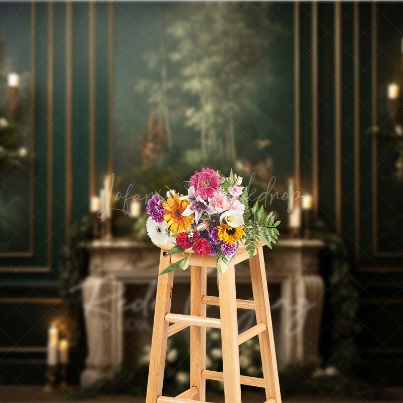 Lofaris Elegant Vintage Fireplace Photography Backdrop Dark Green Mural Wall with Candles Moody Romantic Photo Background