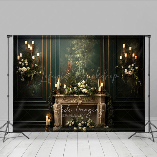 Lofaris Elegant Vintage Fireplace Photography Backdrop Dark Green Mural Wall with Candles Moody Romantic Photo Background