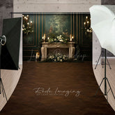 Lofaris Elegant Vintage Fireplace Sweep Backdrop Dark Green Mural Wall with Candles Moody Romantic Photo Floor Drop