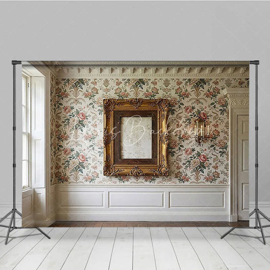 Lofaris Elegant Vintage Floral Wallpaper Photography Backdrop with Ornate Gold Frame and White Wainscoting for Studio Portraits