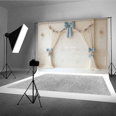 Lofaris Elegant Vintage Wedding Photography Backdrop Cream Curtains with Blue Bows Classic and Romantic Studio Prop