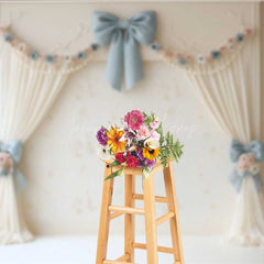 Lofaris Elegant Vintage Wedding Photography Backdrop Cream Curtains with Blue Bows Classic and Romantic Studio Prop