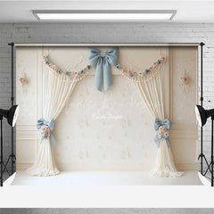 Lofaris Elegant Vintage Wedding Photography Backdrop Cream Curtains with Blue Bows Classic and Romantic Studio Prop