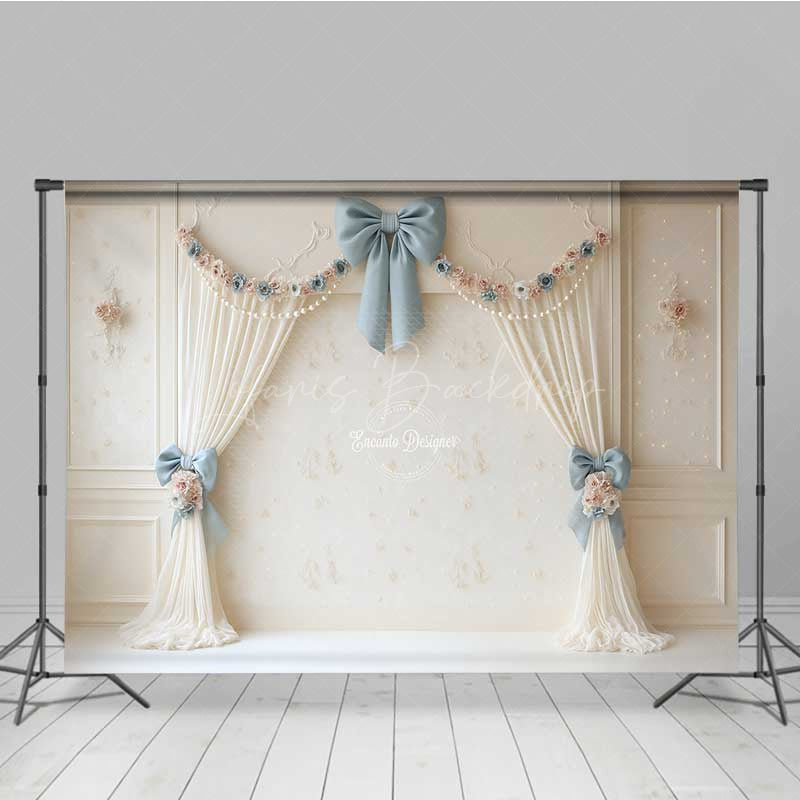 Lofaris Elegant Vintage Wedding Photography Backdrop Cream Curtains with Blue Bows Classic and Romantic Studio Prop