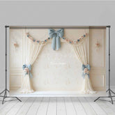 Lofaris Elegant Vintage Wedding Photography Backdrop Cream Curtains with Blue Bows Classic and Romantic Studio Prop