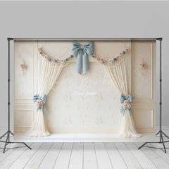 Lofaris Elegant Vintage Wedding Photography Backdrop Cream Curtains with Blue Bows Classic and Romantic Studio Prop