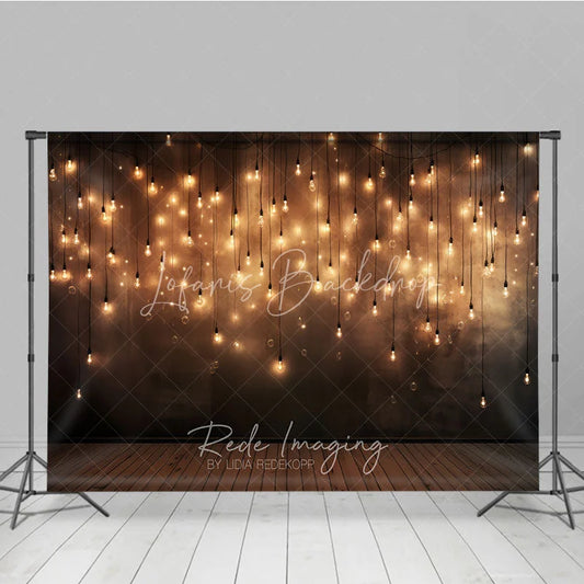 Lofaris Elegant Warm Glow Hanging Light Bulbs Photography Backdrop Dark Textured Wall with Wooden Floor