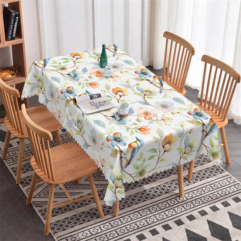 Lofaris Elegant Watercolor Bird and Blossom Rectangle Tablecloth Nature Inspired Scalloped Edge Decor