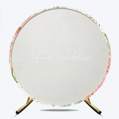Lofaris Elegant Watercolor Happy Anniversary Round Backdrop featuring Pink Peach Roses and Golden Glitter Sprinkles.