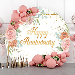Lofaris Elegant Watercolor Happy Anniversary Round Backdrop featuring Pink Peach Roses and Golden Glitter Sprinkles.