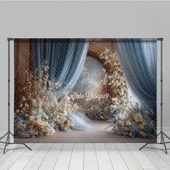 Lofaris Elegant Wedding Aisle Backdrop Blue Drapes with White and Peach Flowers Romantic Bridal Shower Photo Background