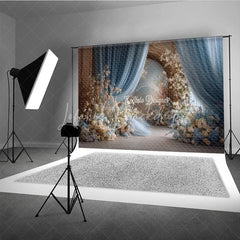 Lofaris Elegant Wedding Aisle Backdrop Blue Drapes with White and Peach Flowers Romantic Bridal Shower Photo Background