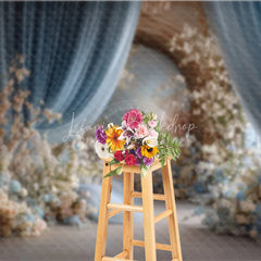 Lofaris Elegant Wedding Aisle Backdrop Blue Drapes with White and Peach Flowers Romantic Bridal Shower Photo Background