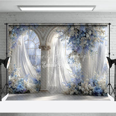 Lofaris Elegant Wedding Arch Backdrop Blue and White Floral Window Sheer Curtains Photography Background Props