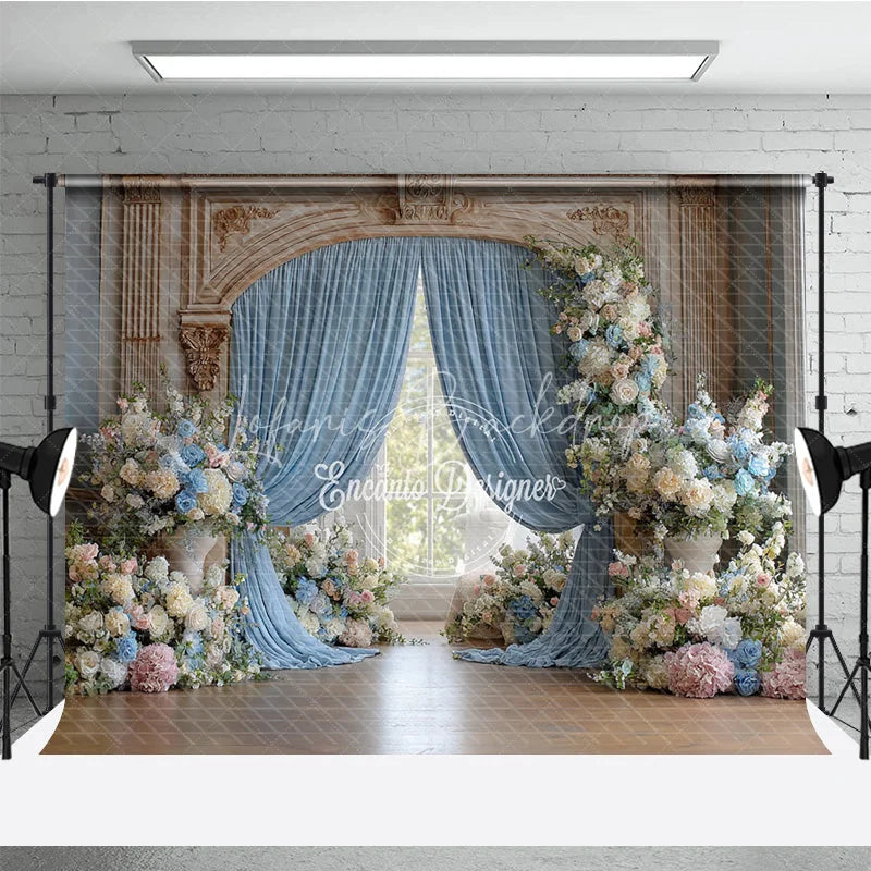 Lofaris Elegant Wedding Arch Backdrop Blue Drapes on Ornate Gold Pink and Floral Bridal Shower Photo Props