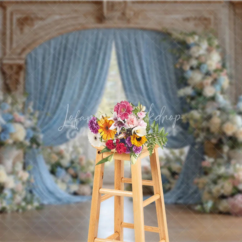 Lofaris Elegant Wedding Arch Backdrop Blue Drapes on Ornate Gold Pink and Floral Bridal Shower Photo Props