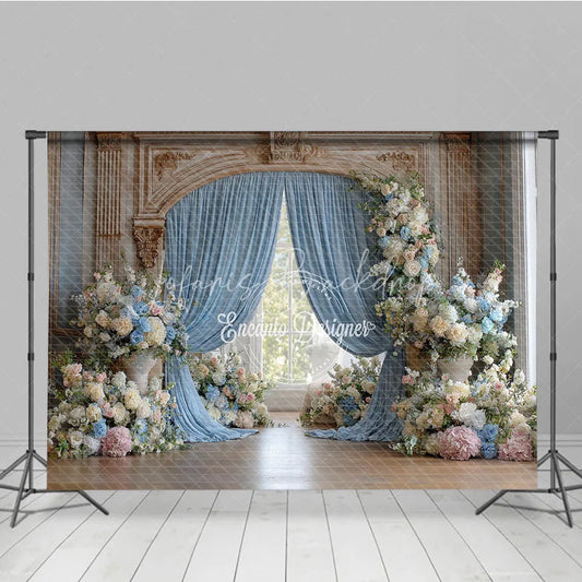 Lofaris Elegant Wedding Arch Backdrop Blue Drapes on Ornate Gold Pink and Floral Bridal Shower Photo Props